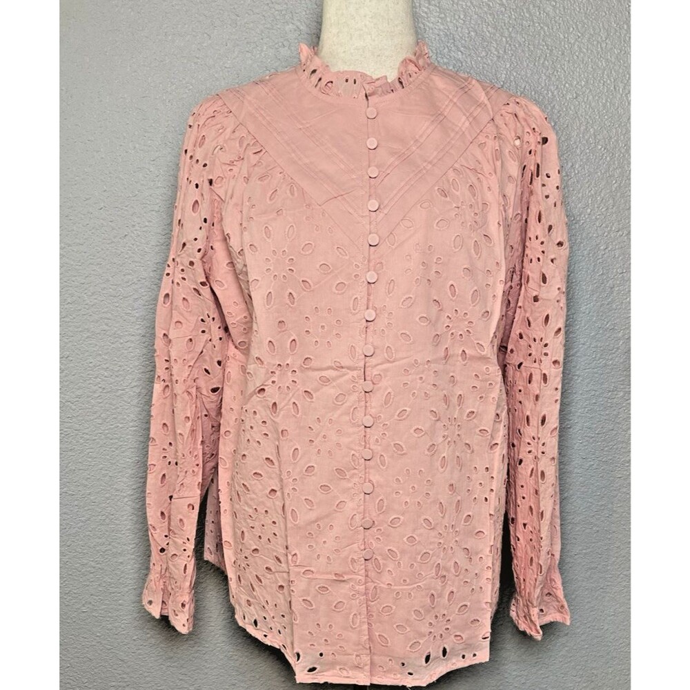 Zesica NWT soft pink eyelet long sleeve lined blouse sz L cabincore cottage
